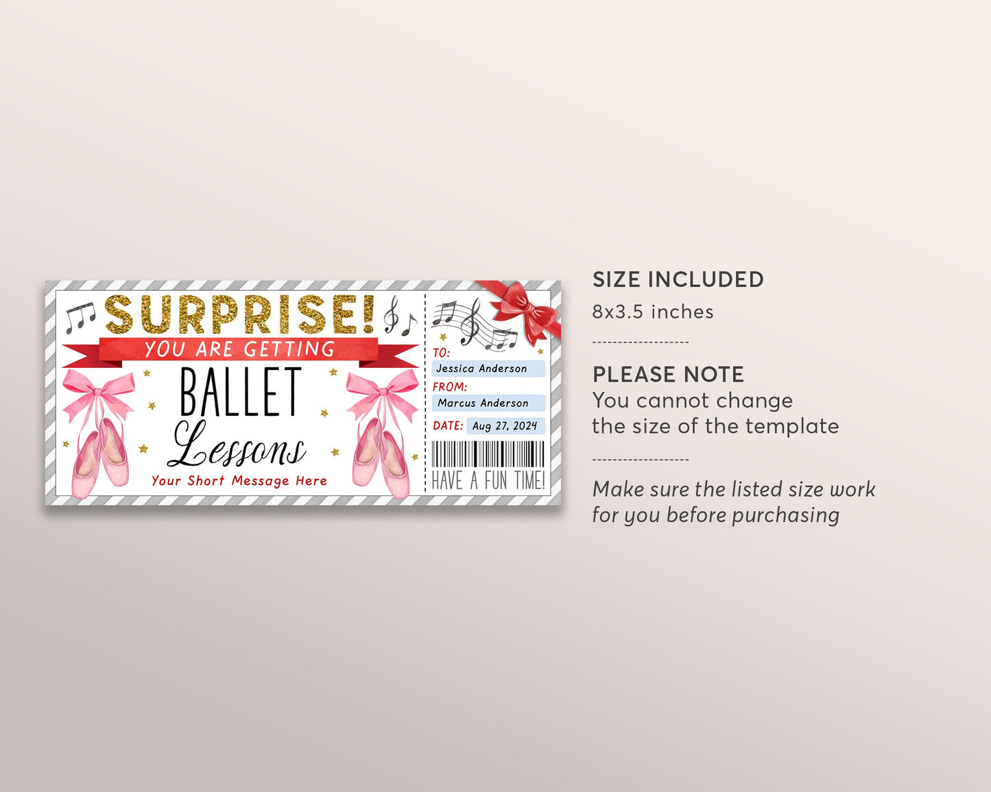 Ballet Lessons Ticket Editable Template, Surprise Ballet Classes Gift Certificate For Kids, Dance Lessons Voucher Coupon, Preschool Dancing