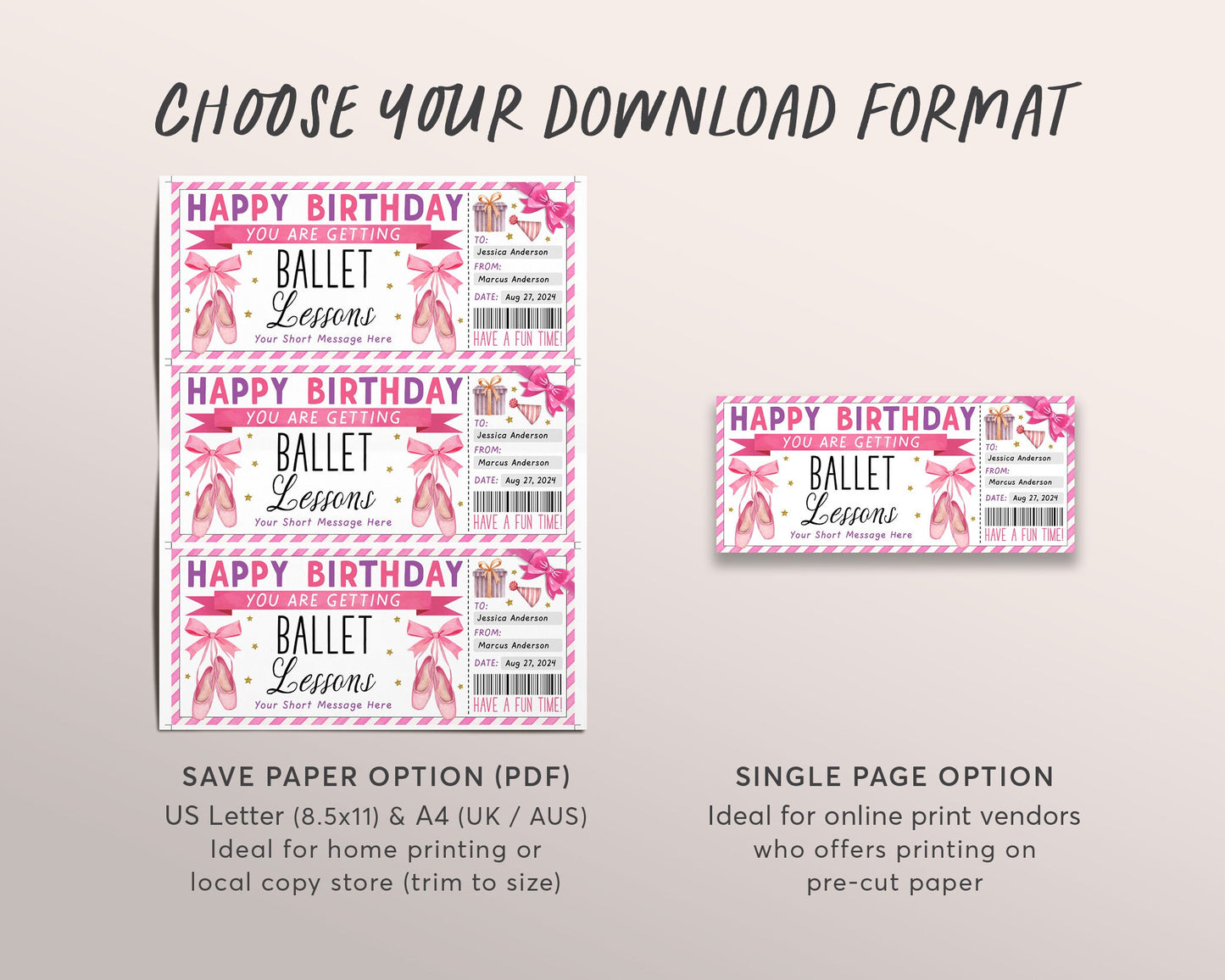 Ballet Lessons Ticket Editable Template, Birthday Surprise Ballet Classes Gift Certificate For Kids, Dancing Dance Lessons Voucher Coupon