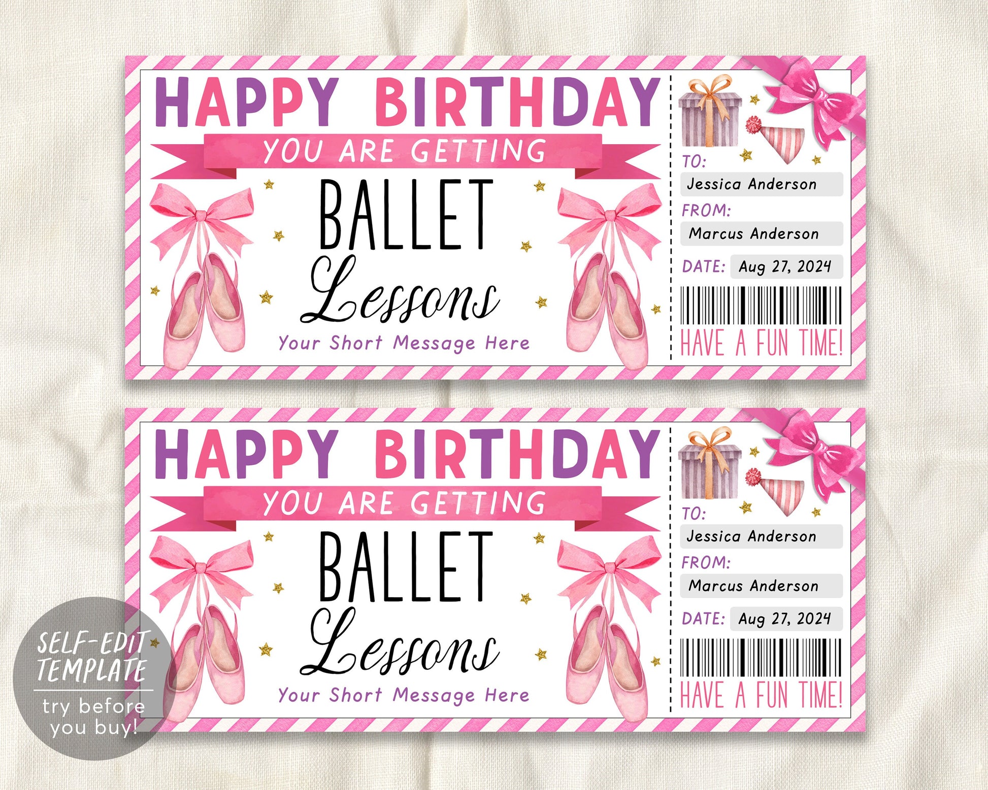 Birthday Ballet Lessons Ticket Editable Template