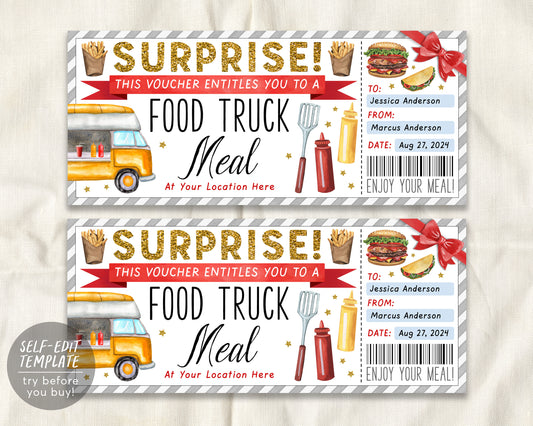 Food Truck Meal Ticket Gift Voucher Editable Template