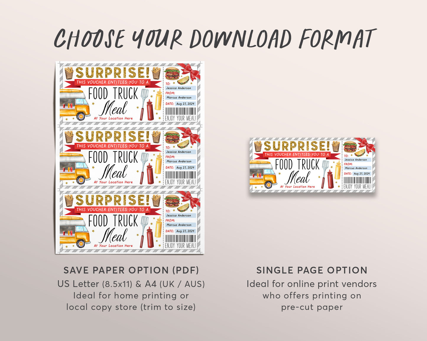Food Truck Meal Ticket Gift Voucher Editable Template, Surprise Food Cart Work Staff Appreciation Dinner Coupon Certificate, Any Occasion