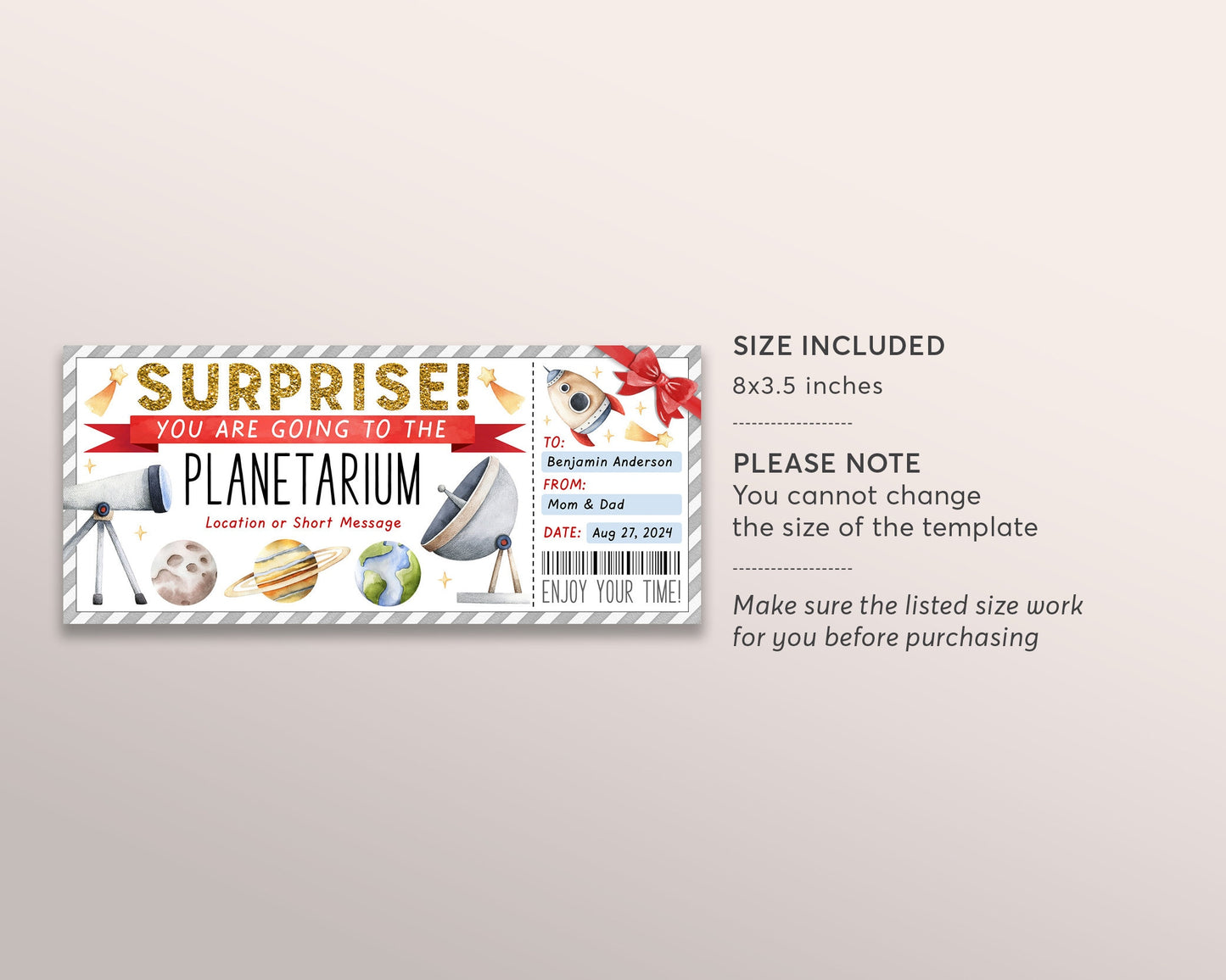 Planetarium Ticket Editable Template, Surprise Space Museum Gift Voucher For Kids Child, Science Center Coupon, Space Adventure Experience