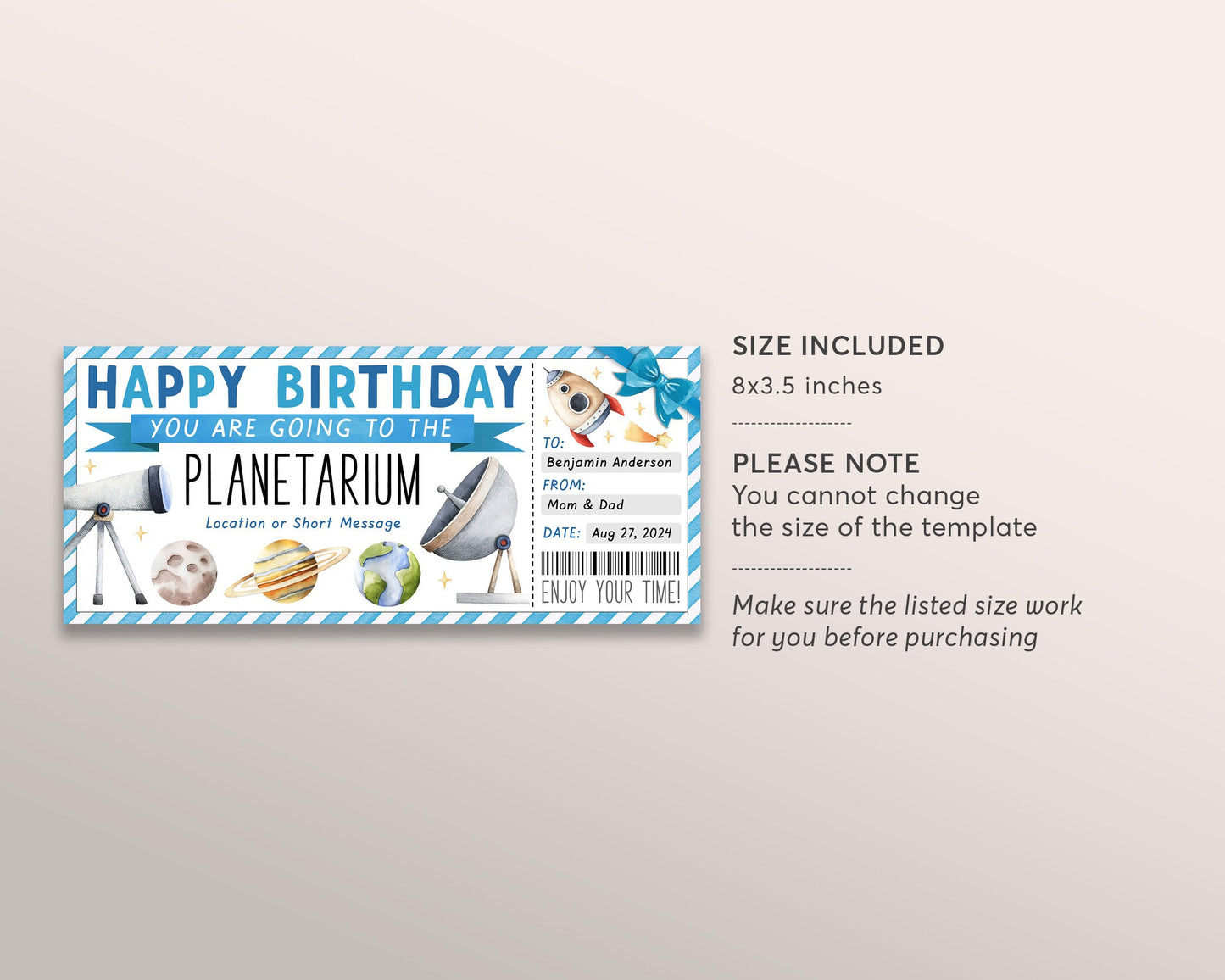 Planetarium Ticket Editable Template, Birthday Surprise Space Museum Gift Voucher For Kids, Science Center Coupon Space Adventure Experience