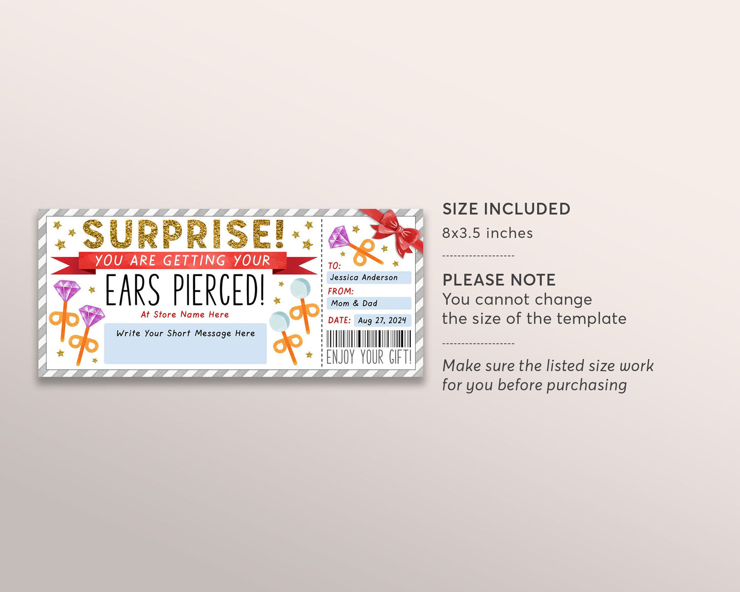 Ear Piercing Gift Voucher Editable Template, Surprise Gift Certificate For First Piercing, Pierce Earring Coupon Teen Tween Printable