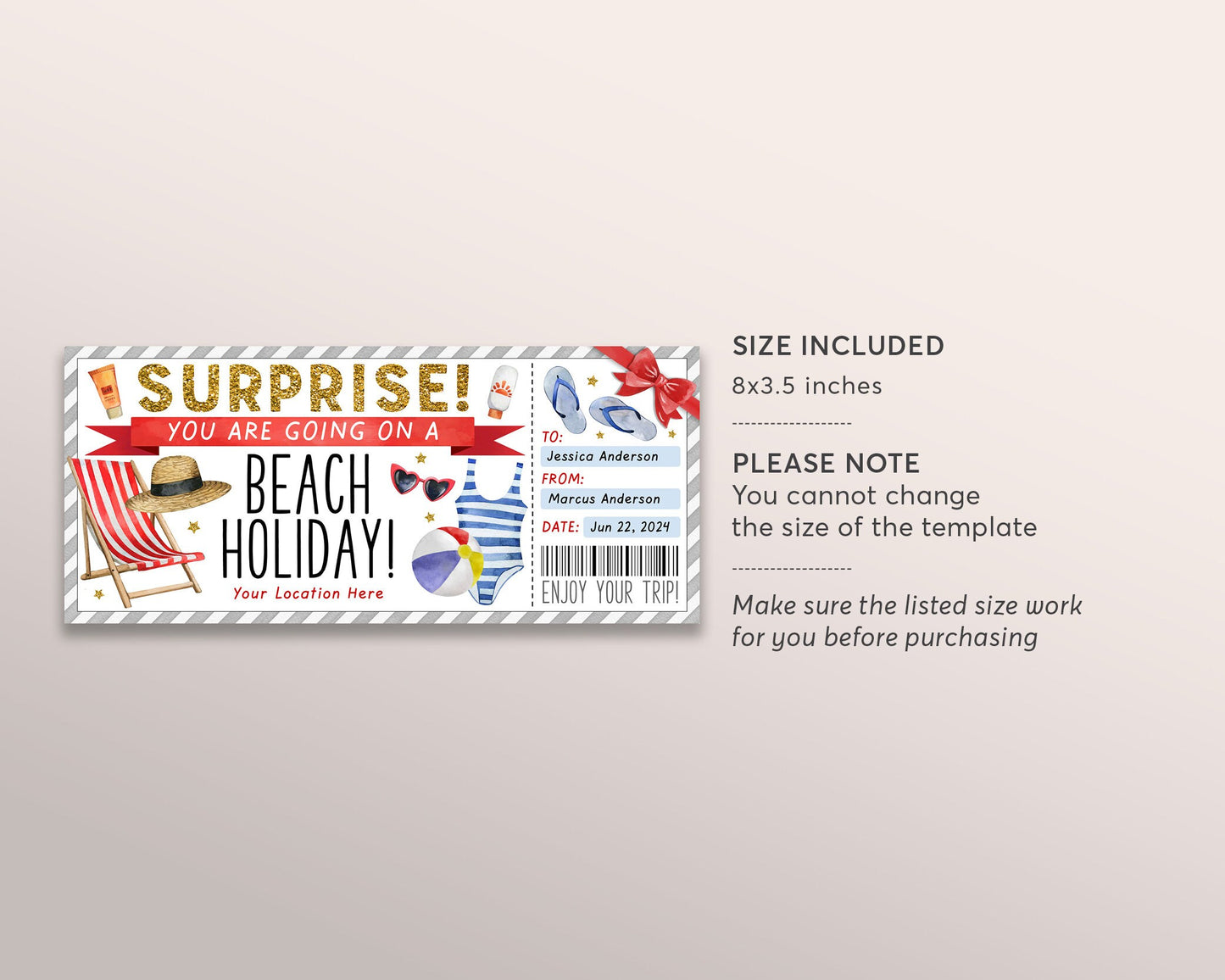 Tropical Beach Vacation Ticket Editable Template, Surprise Travel Weekend Getaway Reveal Gift Certificate, Beach Holiday Resort Gift Voucher