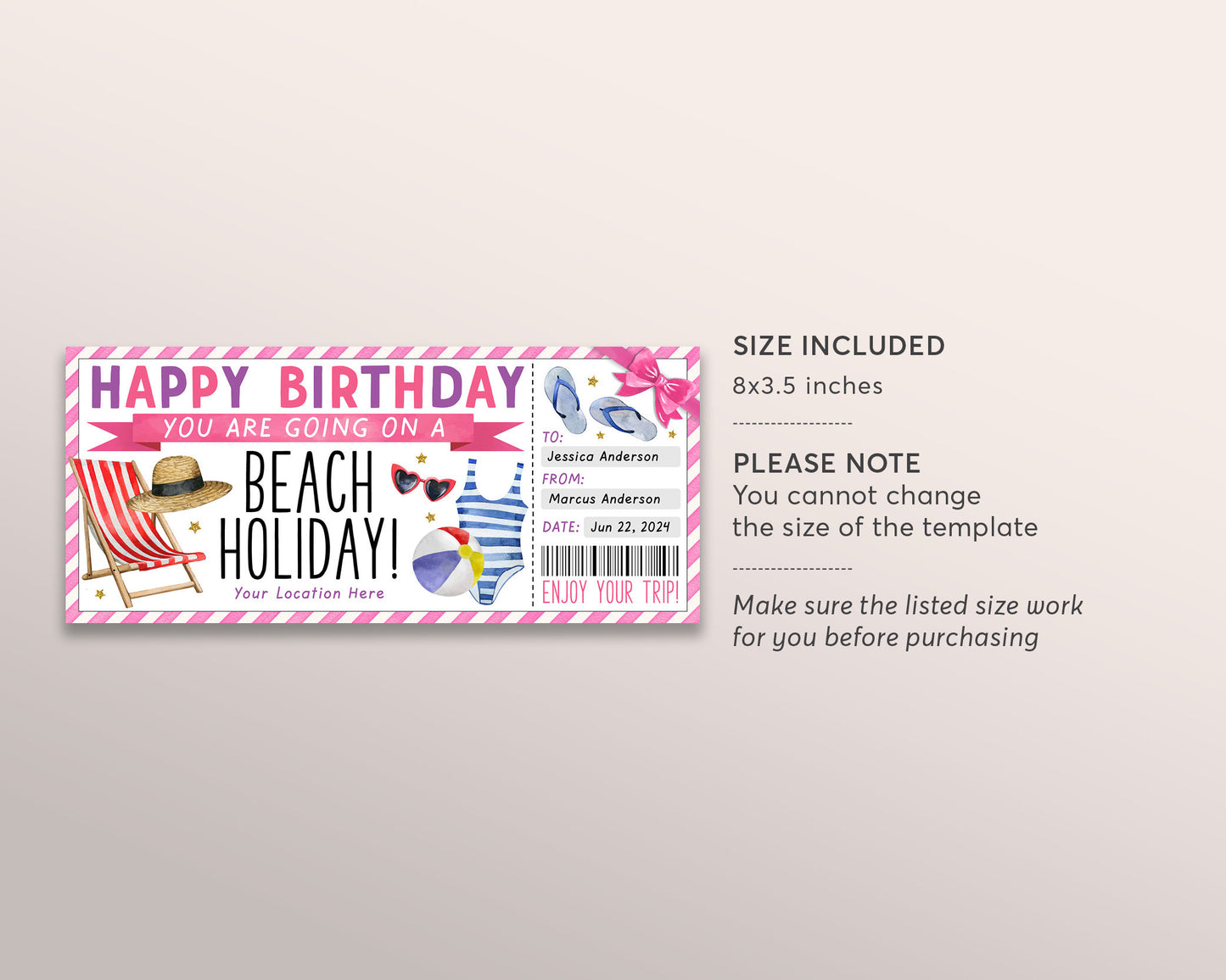 Tropical Beach Vacation Ticket Editable Template, Birthday Surprise Beach Holiday Resort Reveal Gift Certificate For Her, Travel Voucher