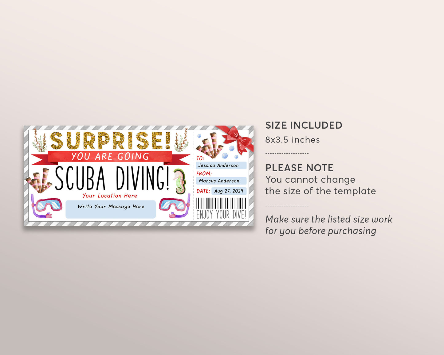 Scuba Diving Ticket Editable Template, Surprise Snorkeling Experience Reveal Gift Voucher, Deep Sea Diving Trip Gift Certificate Printable