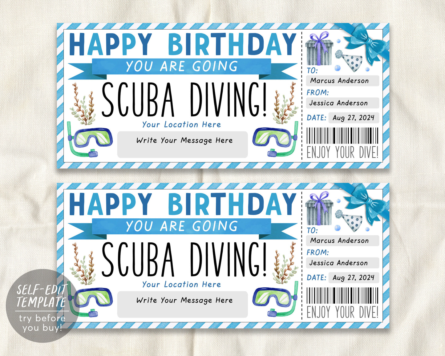 Birthday Scuba Diving Ticket Editable Template