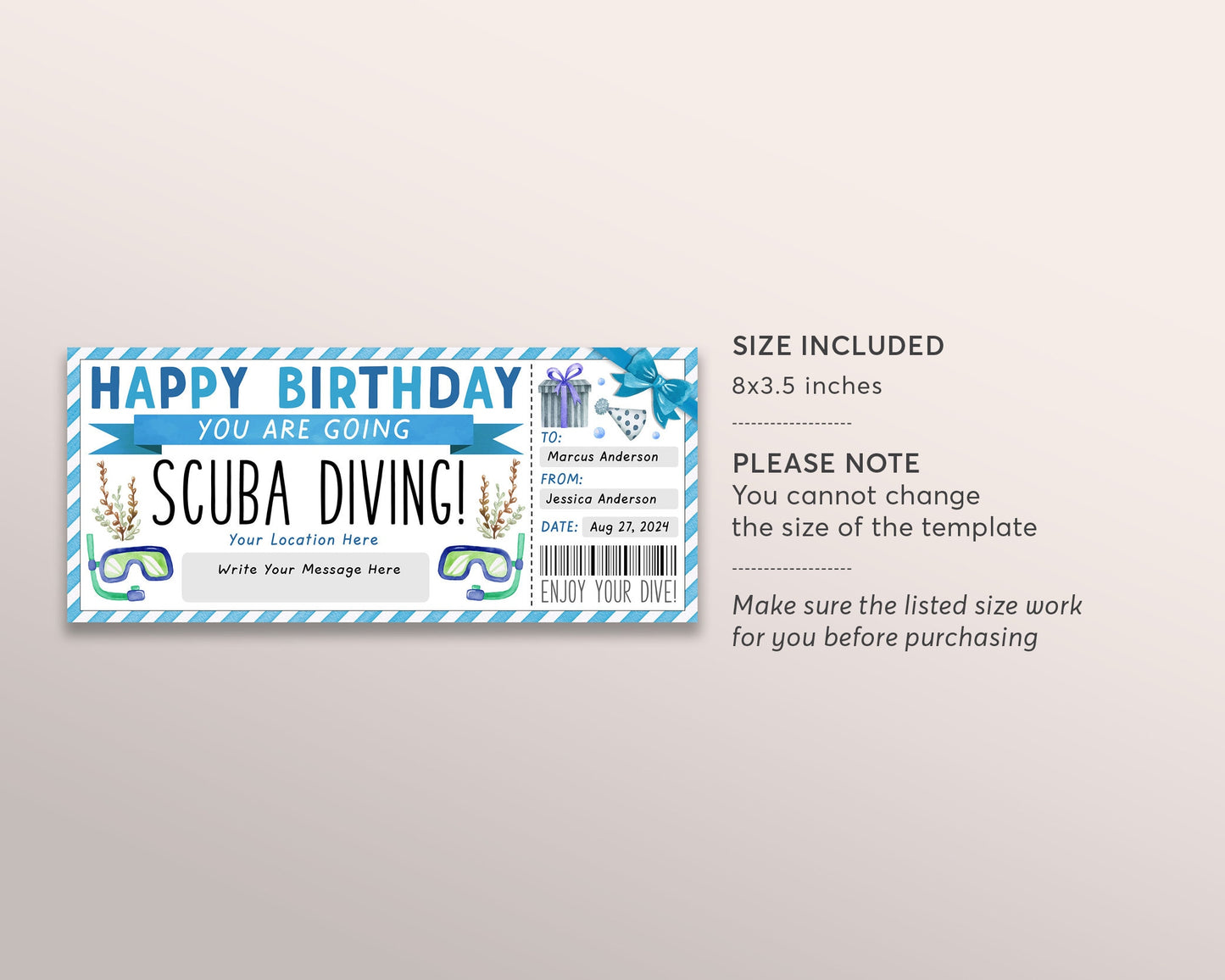 Scuba Diving Ticket Editable Template, Surprise Snorkeling Experience Reveal Gift Voucher For Him, Deep Sea Diving Trip Gift Certificate