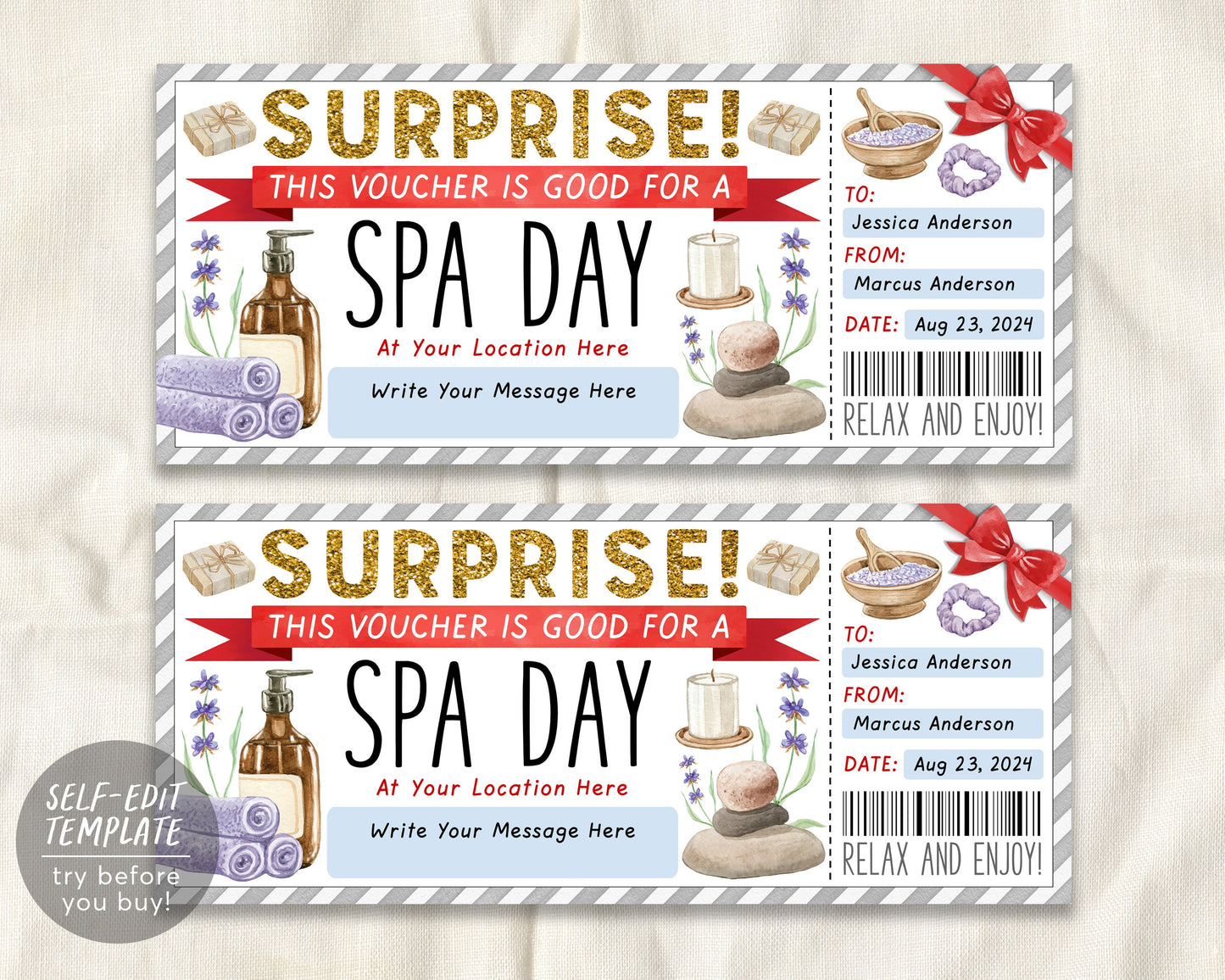 Spa Day Gift Voucher Ticket Editable Template