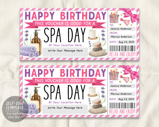 Birthday Spa Day Gift Voucher Ticket Editable Template