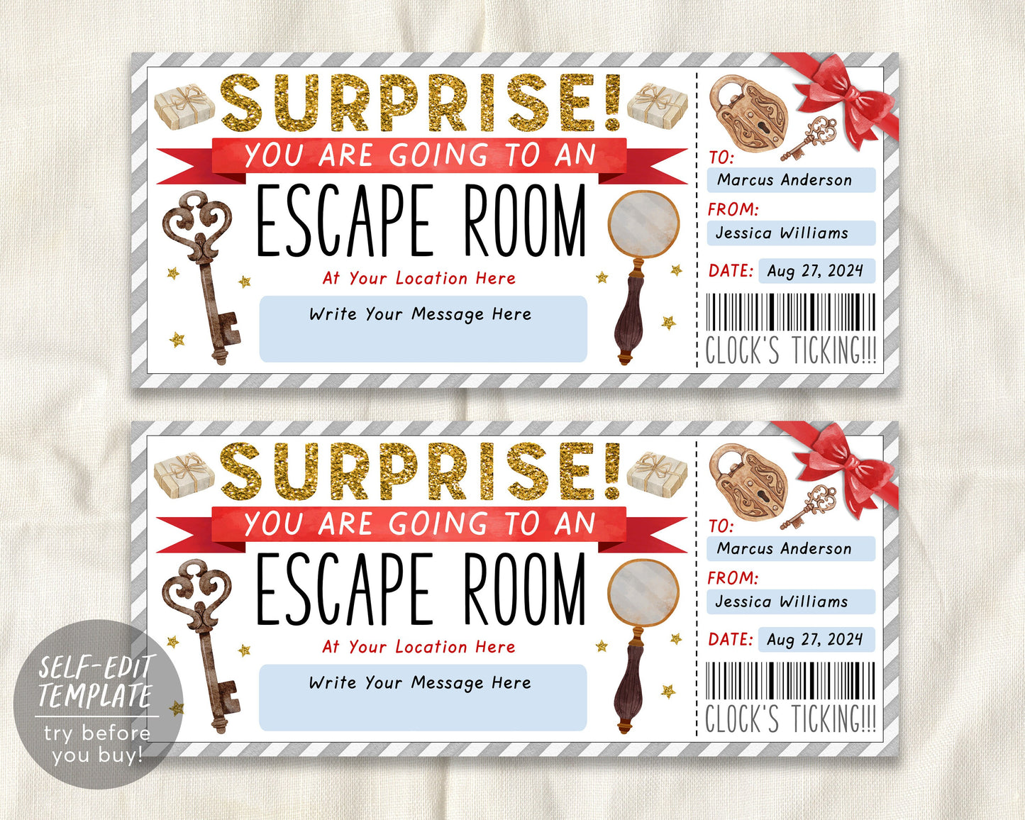 Escape Room Ticket Editable Template