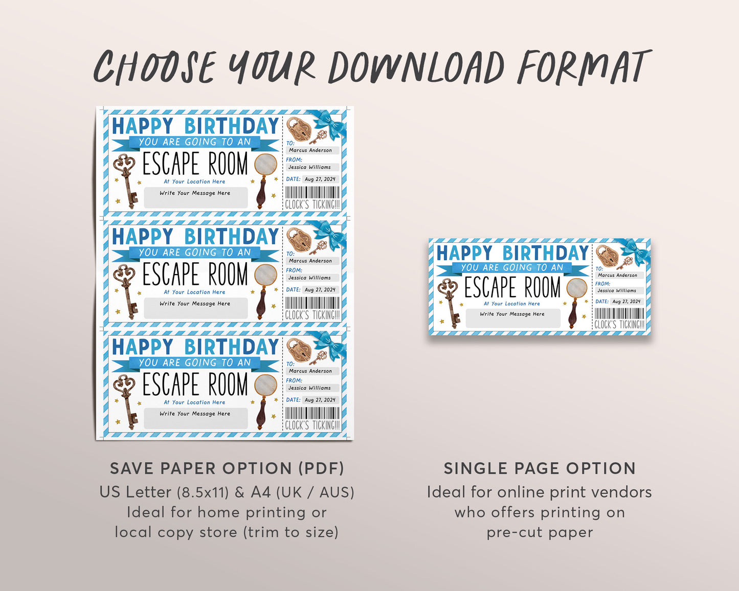 Birthday Escape Room Ticket Editable Template, Surprise Game Room Gift Certificate Reveal For Him, Mystery Experience Voucher Printable