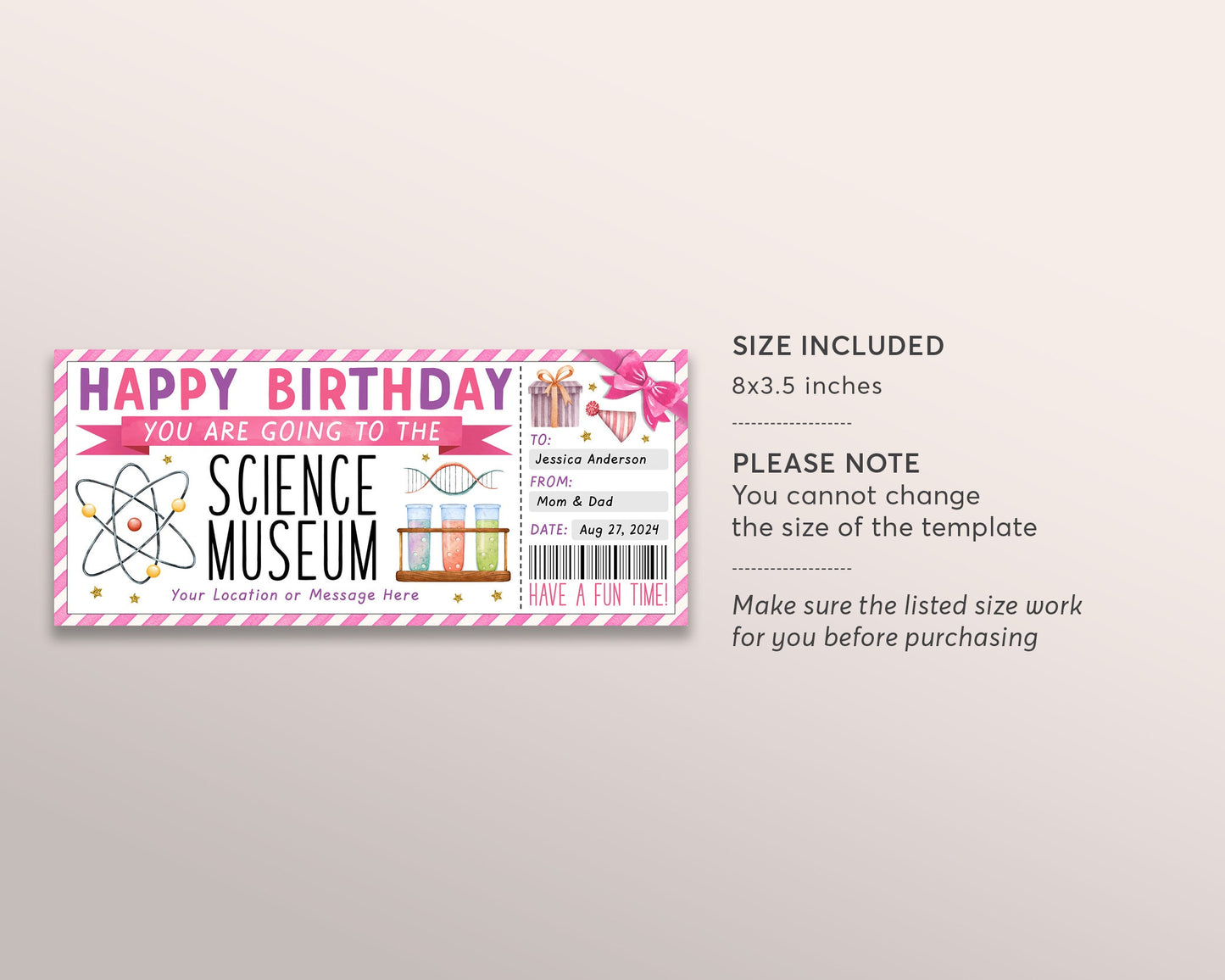 Science Museum Ticket Editable Template, Birthday Surprise Museum Membership Voucher For Kids, Children's Museum Day Trip Gift Certificate