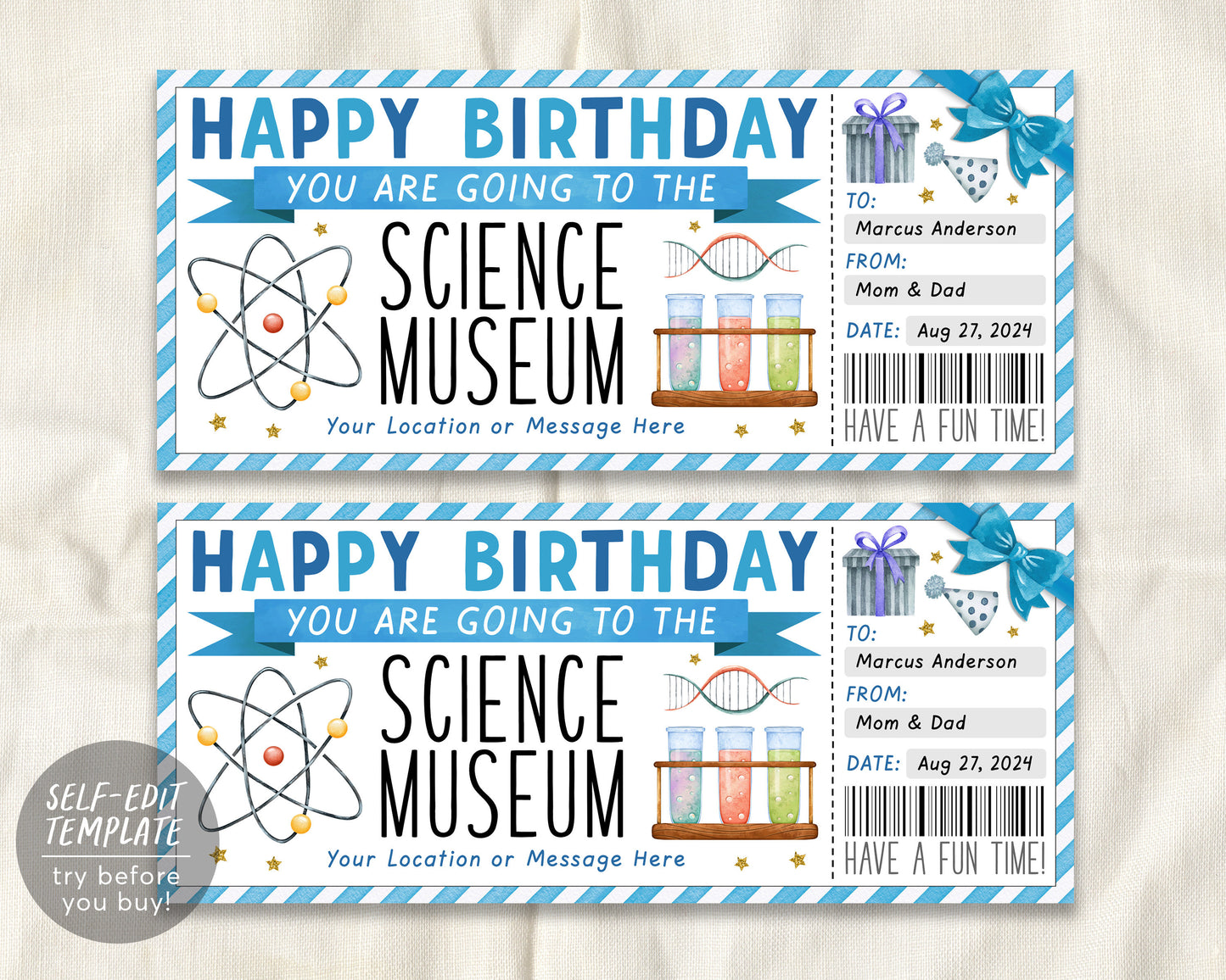 Birthday Science Museum Ticket Editable Template