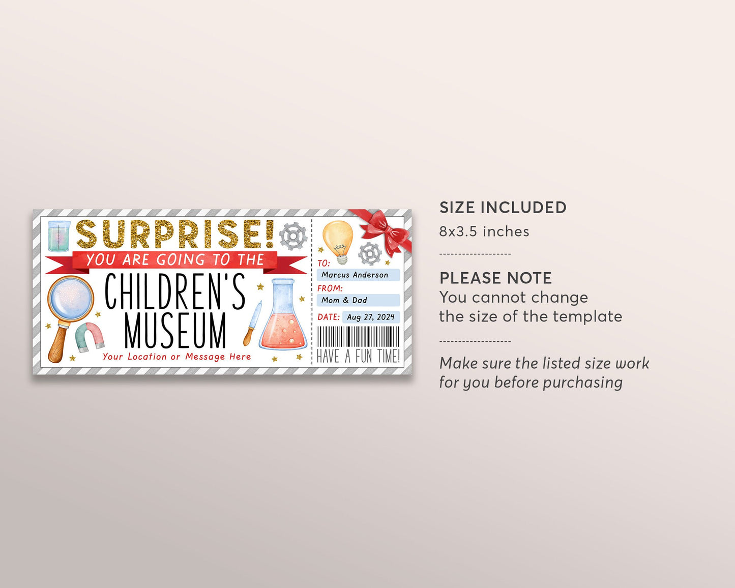 Children's Museum Ticket Editable Template, Surprise Museum Membership Gift Voucher For Kids Science Museum Day Trip Gift Certificate Coupon