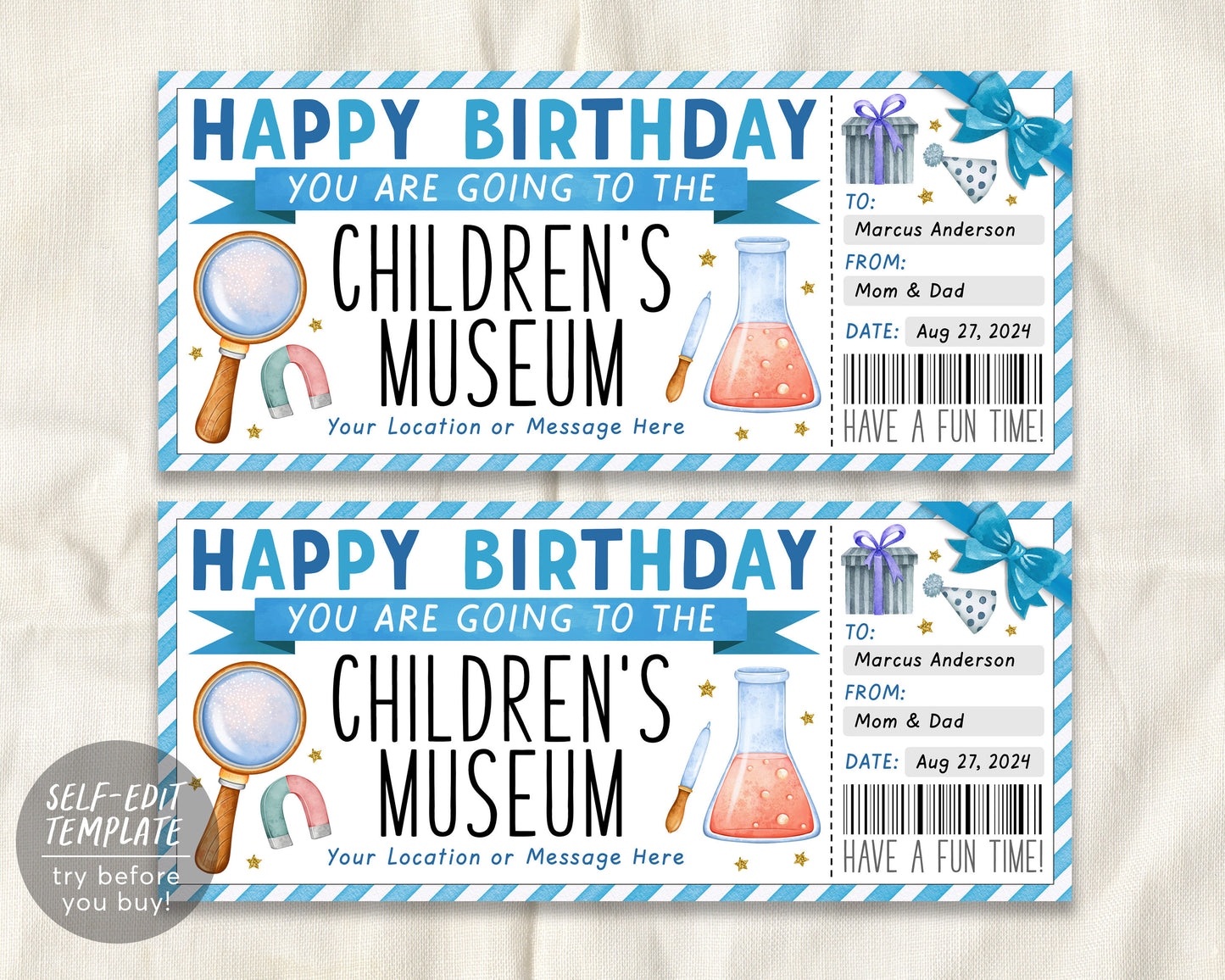 Birthday Children&#39;s Museum Ticket Editable Template