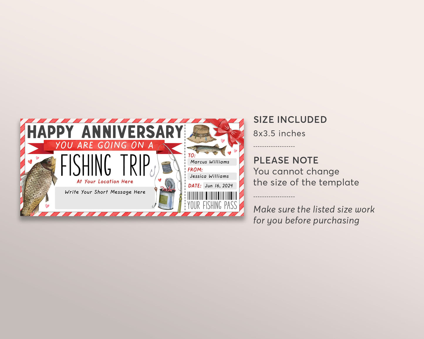 Fishing Trip Ticket Editable Template, Wedding Anniversary Fishing Trip Reveal Gift Certificate For Husband, Fishing Day Trip Voucher Coupon