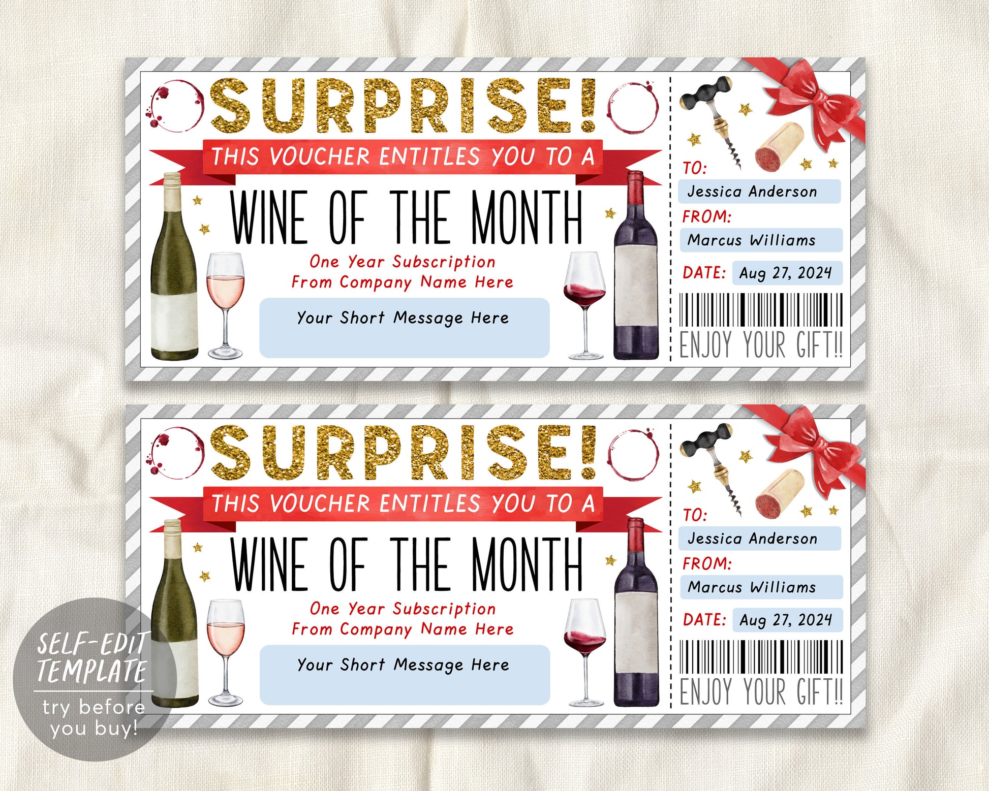 Wine Subscription Gift Certificate Editable Template, Surprise