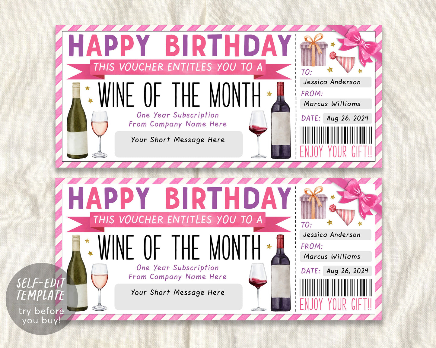 Birthday Wine Subscription Gift Certificate Editable Template