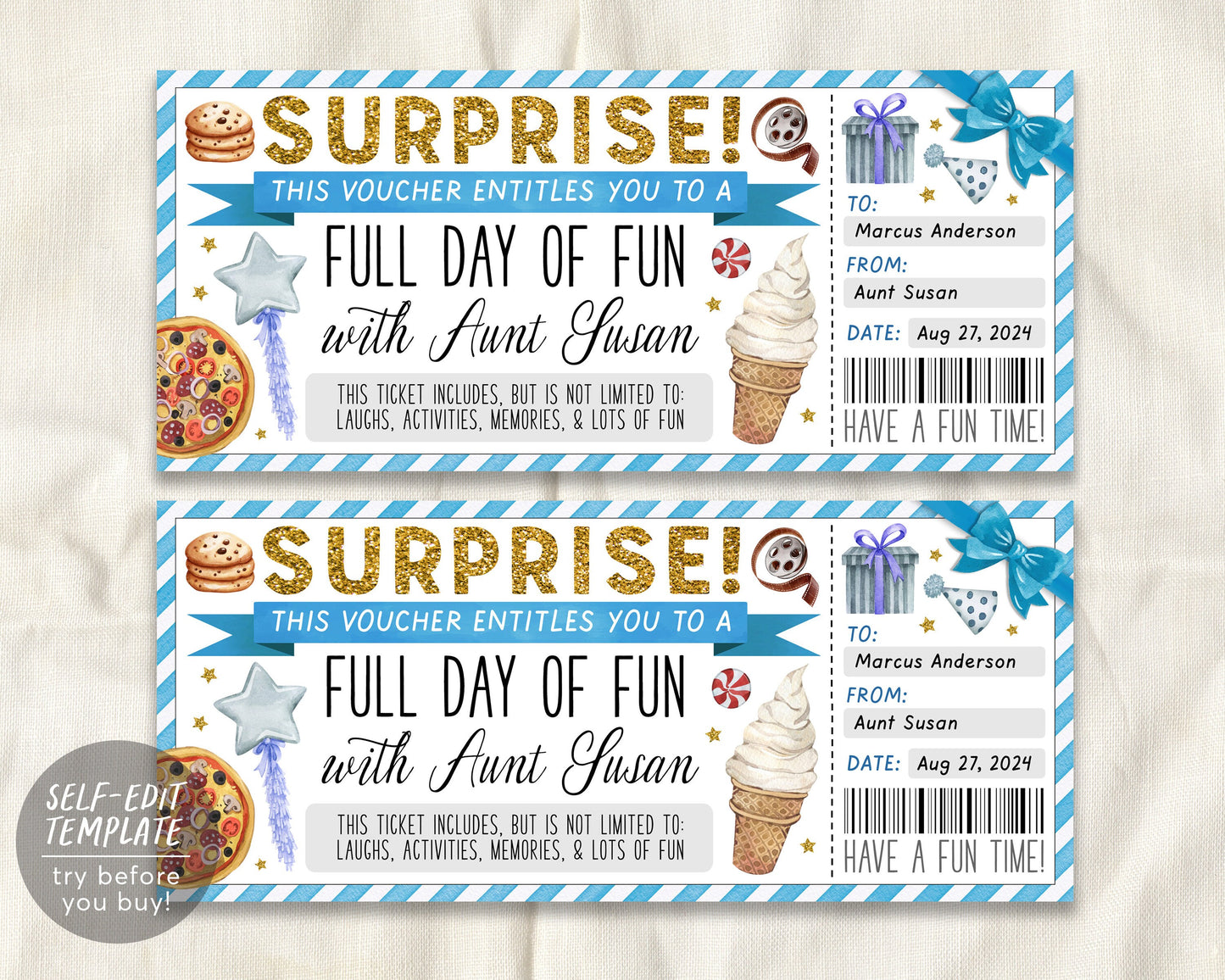 Surprise Fun Day Ticket With Aunt Editable Template