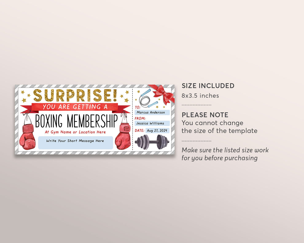 Boxing Membership Ticket Editable Template, Surprise Boxing Lessons Vo ...