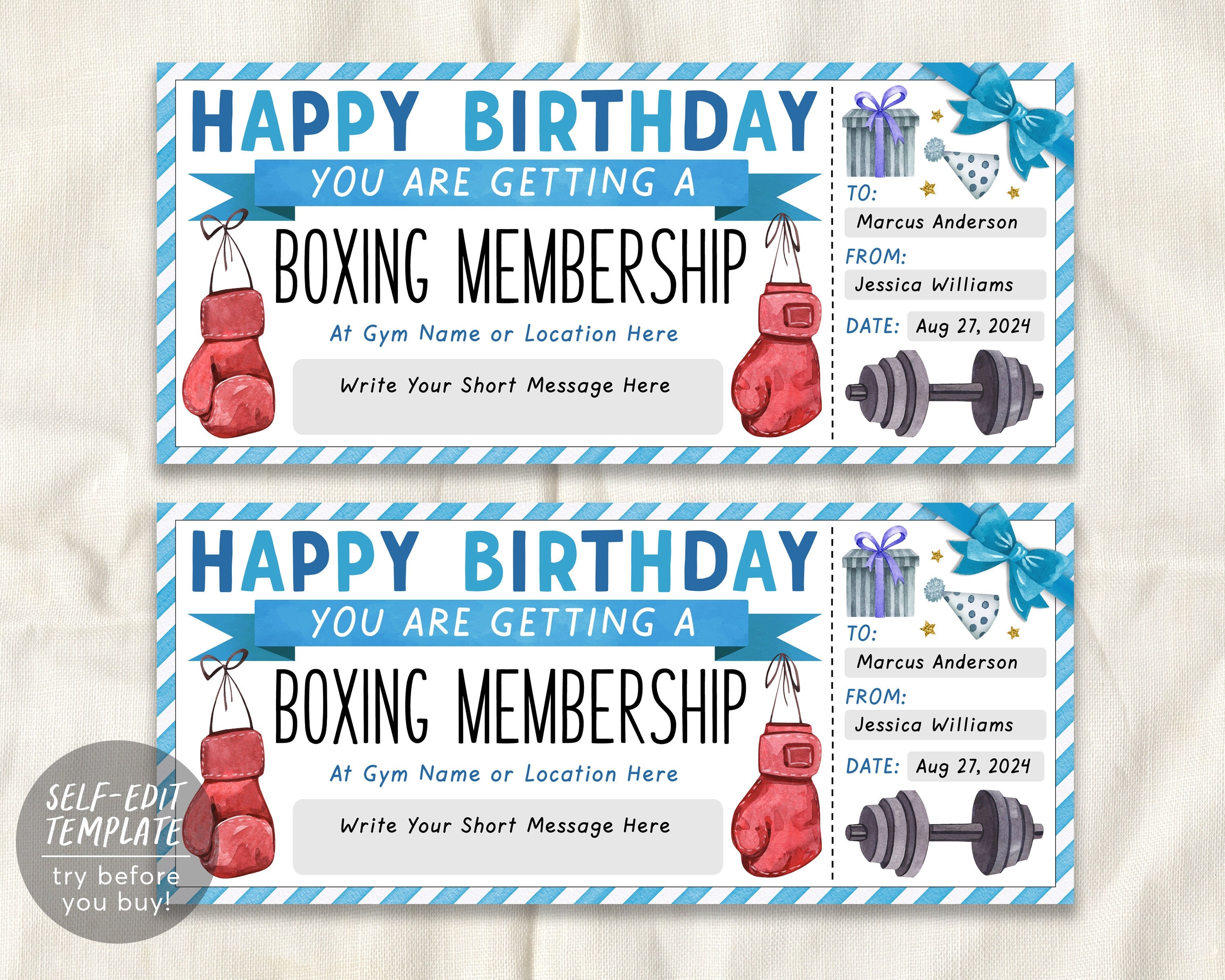 Boxing Membership Ticket Editable Template, Birthday Surprise Boxing L ...