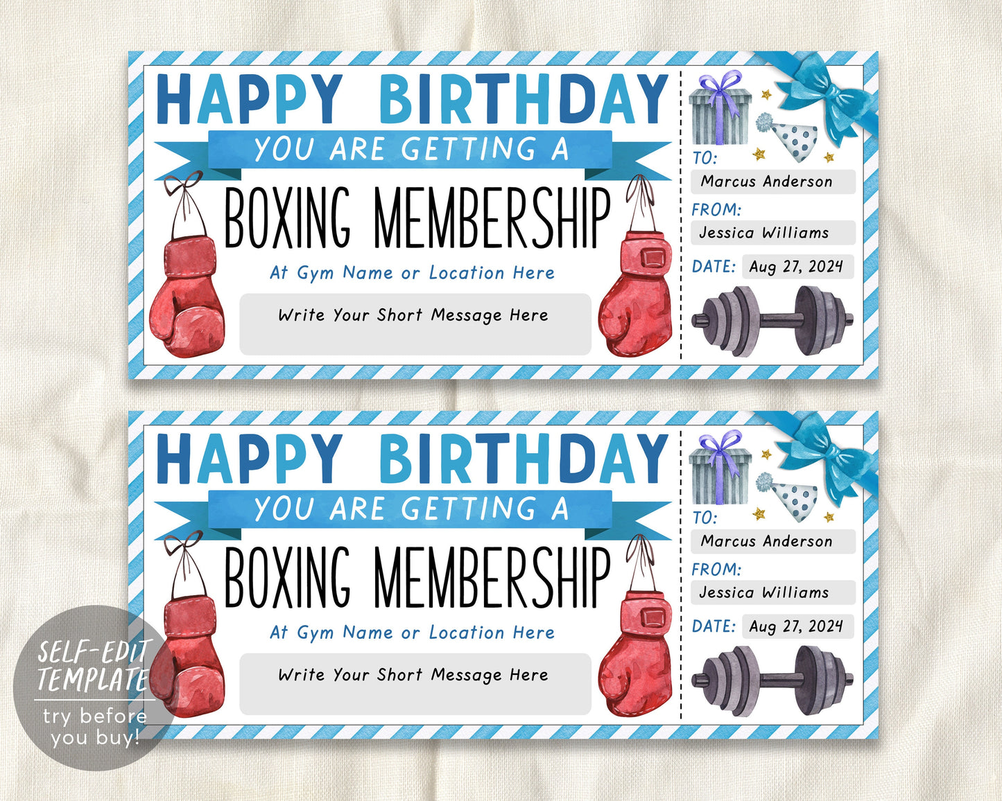 Birthday Boxing Membership Ticket Editable Template