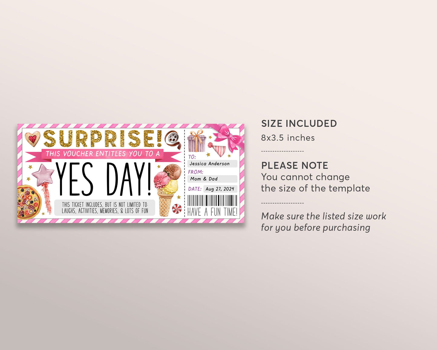 Yes Day Ticket Editable Template, Surprise Best Day Ever Gift Certificate For Kids, Fun Day Ticket Gift Card Fun Experience Voucher Coupon