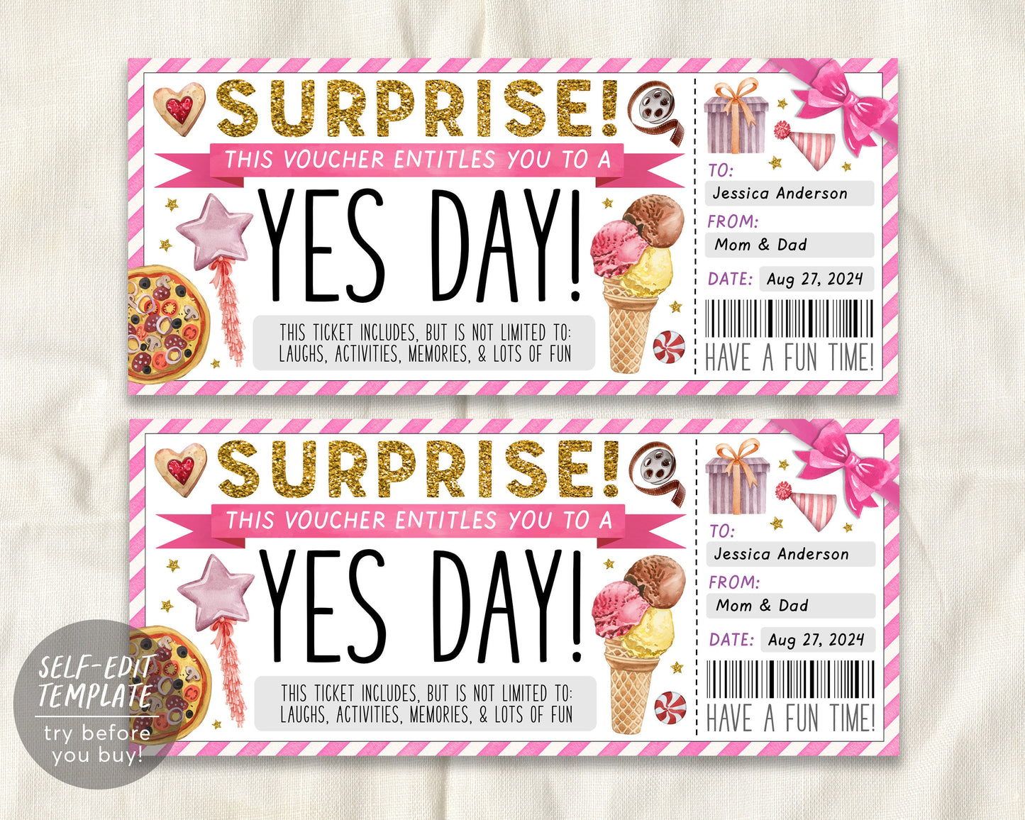 Yes Day Ticket Editable Template