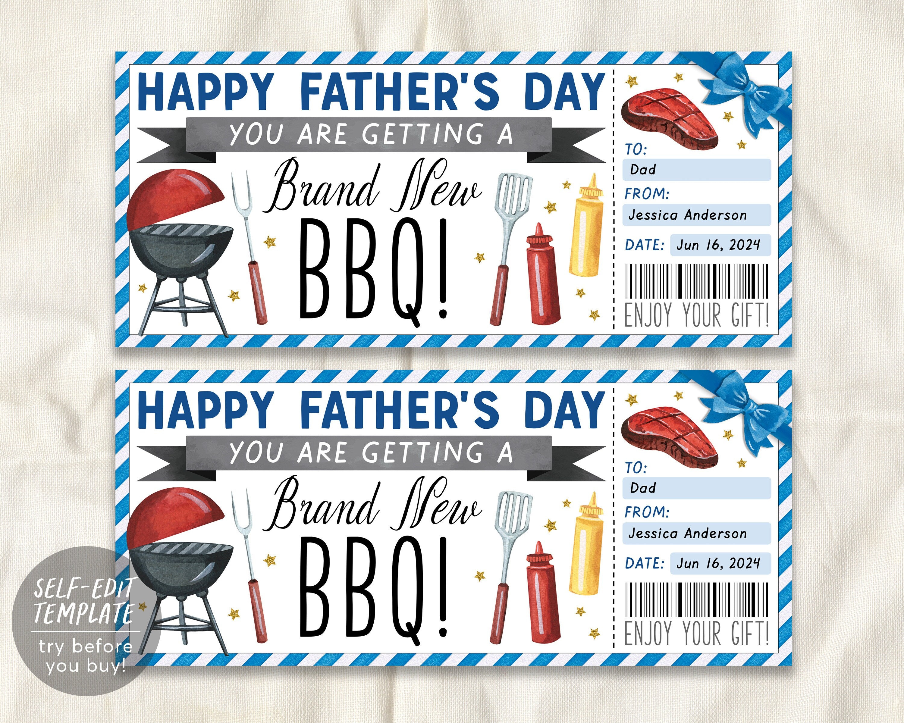 BBQ Voucher Gift Certificate Editable Template Fathers Day Brand New Puff Paper Co