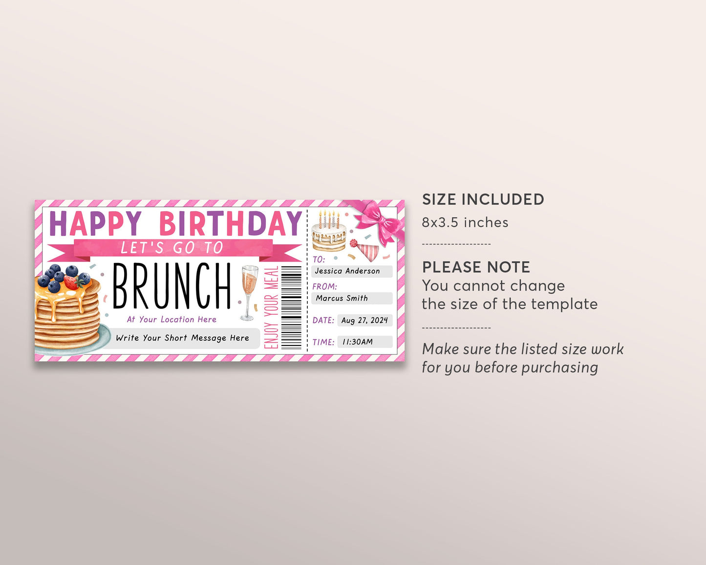 Birthday Brunch Coupon Ticket Editable Template, Surprise Lunch Luncheon Gift Certificate For Her, Breakfast Gift Voucher Printable