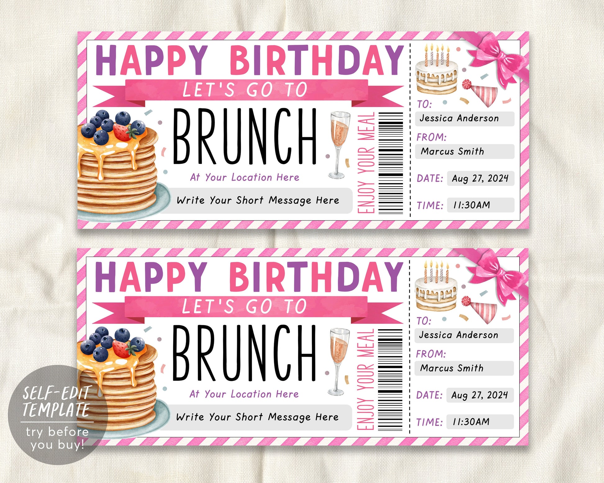 Birthday Brunch Coupon Ticket Editable Template