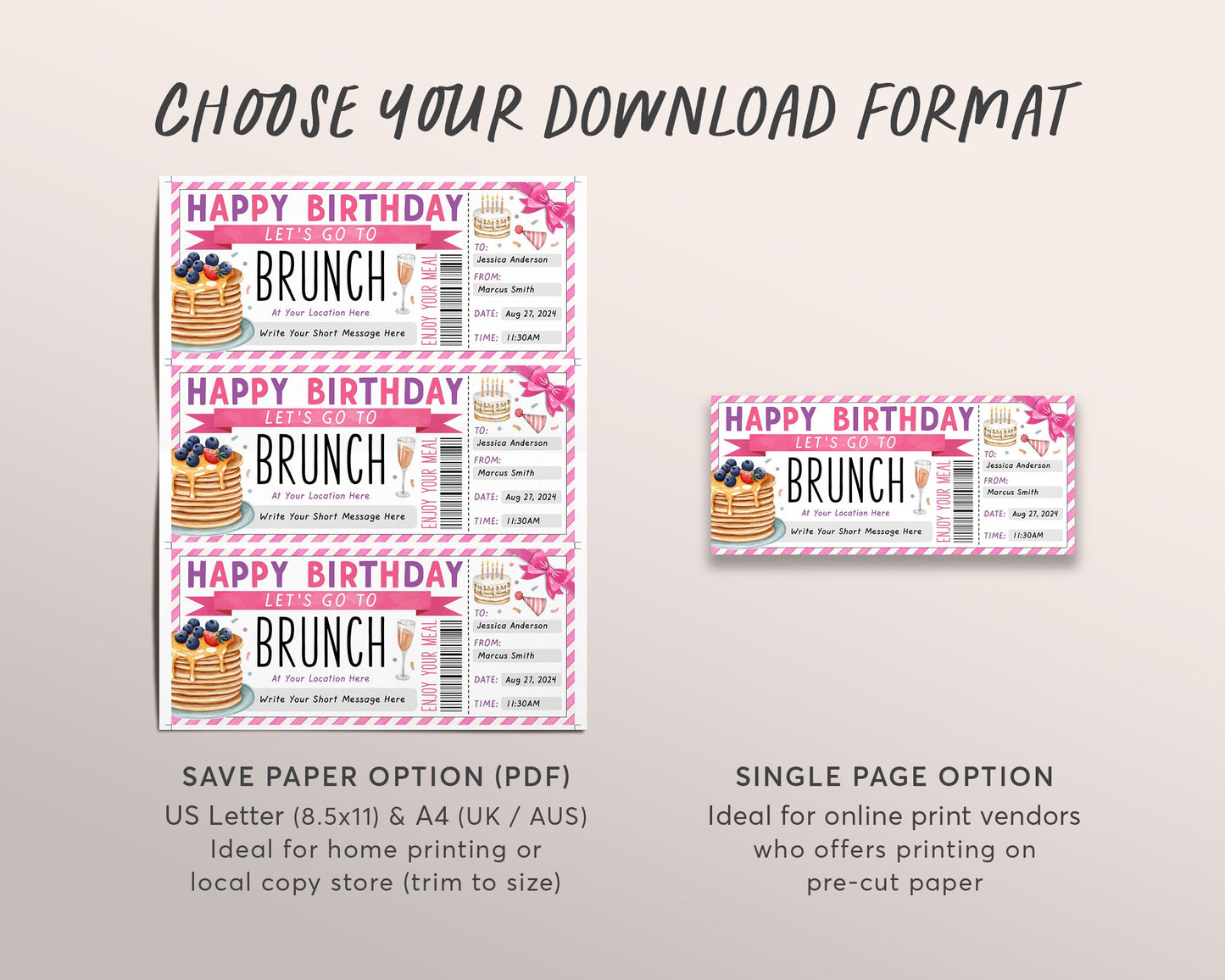 Birthday Brunch Coupon Ticket Editable Template, Surprise Lunch Luncheon Gift Certificate For Her, Breakfast Gift Voucher Printable