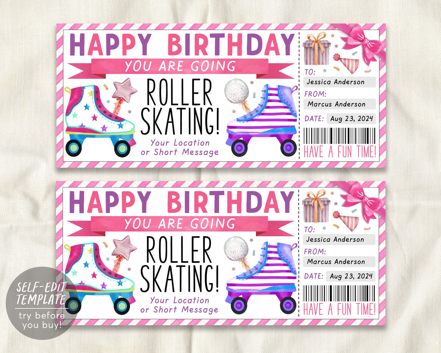 Birthday Roller Skating Ticket Editable Template