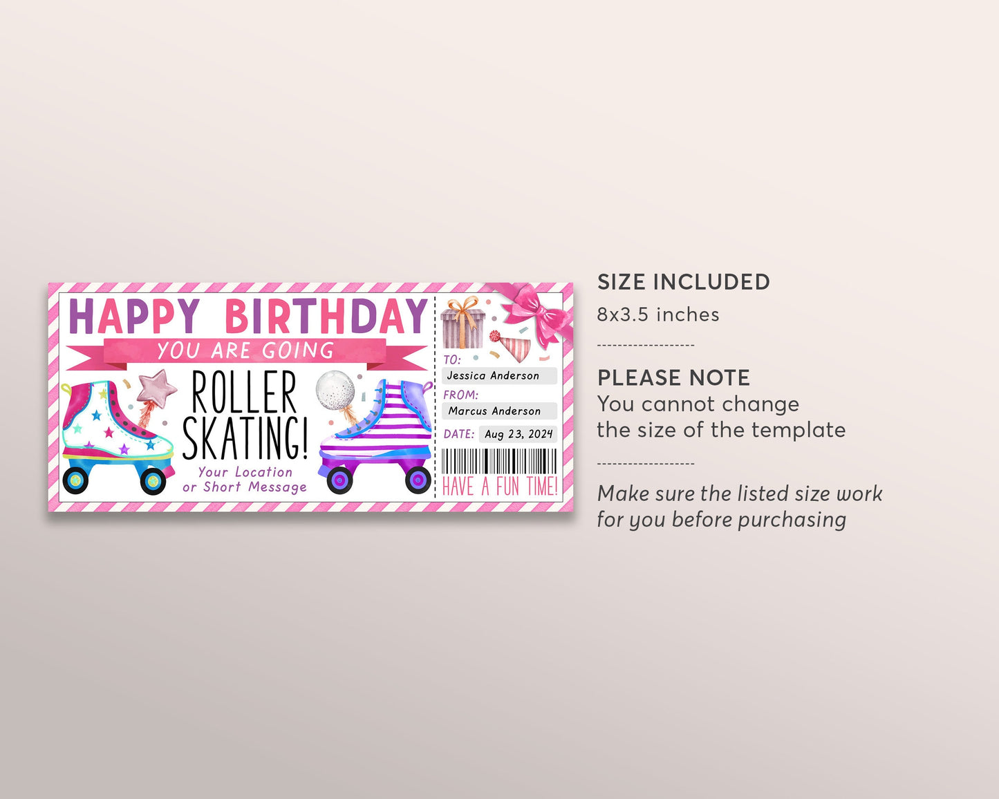 Roller Skating Ticket Editable Template, Birthday Surprise Roller Skating Experience Gift Voucher For Her, Rollerskating Lessons Certificate