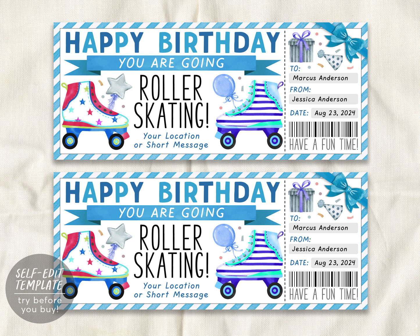 Birthday Roller Skating Ticket Editable Template