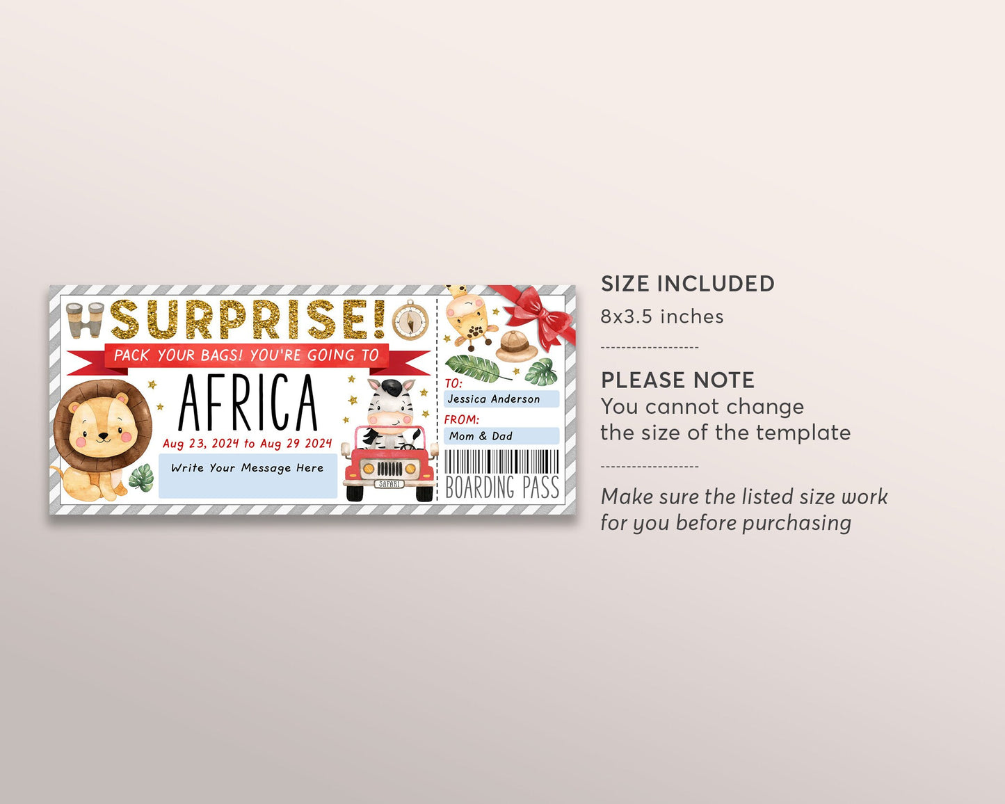 Africa Trip Plane Ticket Editable Template, Birthday Surprise Africa Travel Boarding Pass Vacation Gift Certificate, African Safari Reveal