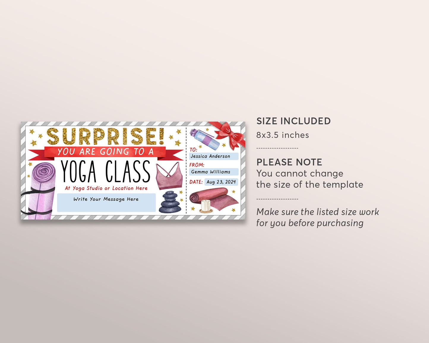 Yoga Classes Ticket Editable Template, Birthday Yoga Studio Membership Voucher Gift Certificate, Yoga Lessons Class Pass, Any Occasion