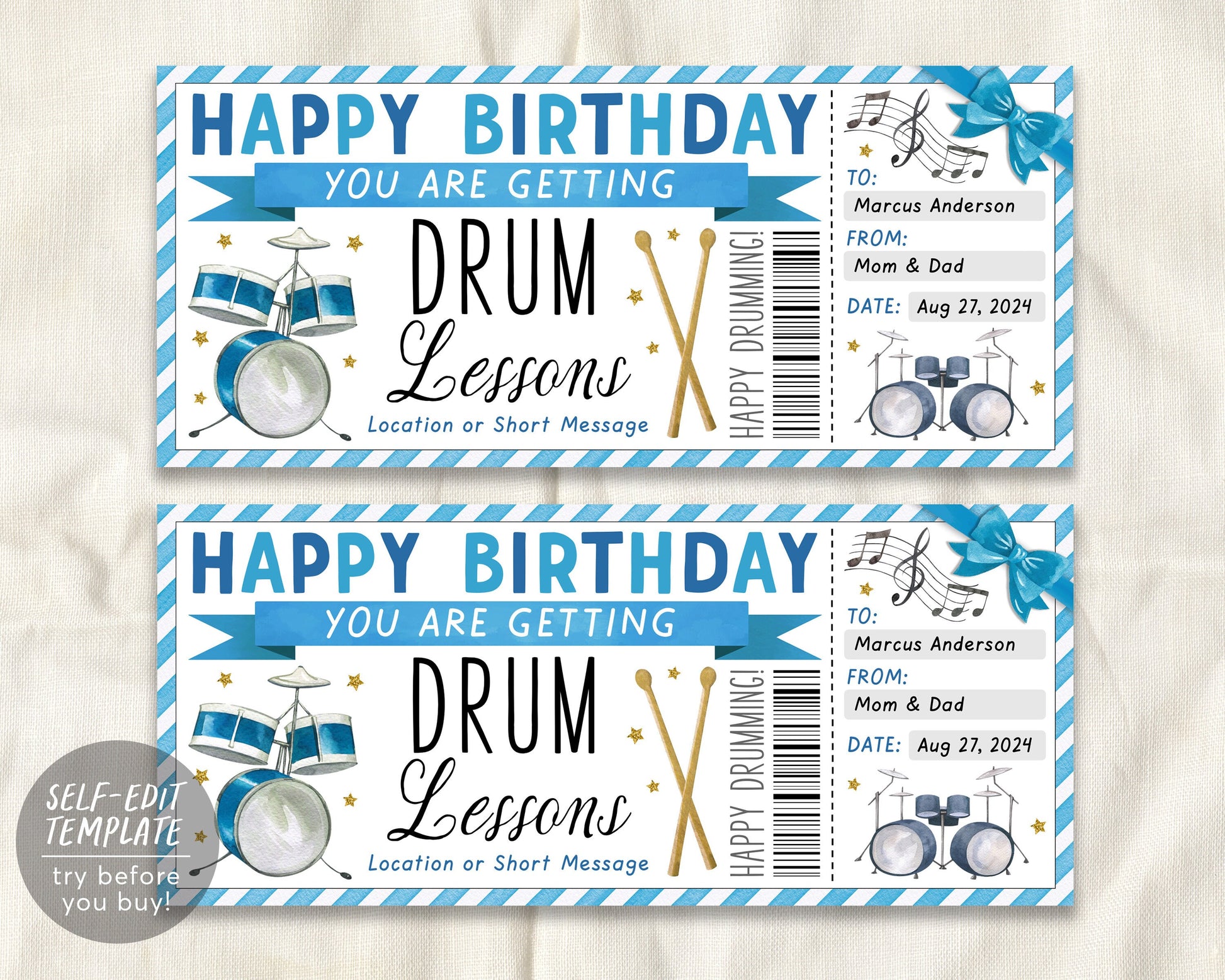 Drum Lessons Gift Certificate Editable Template