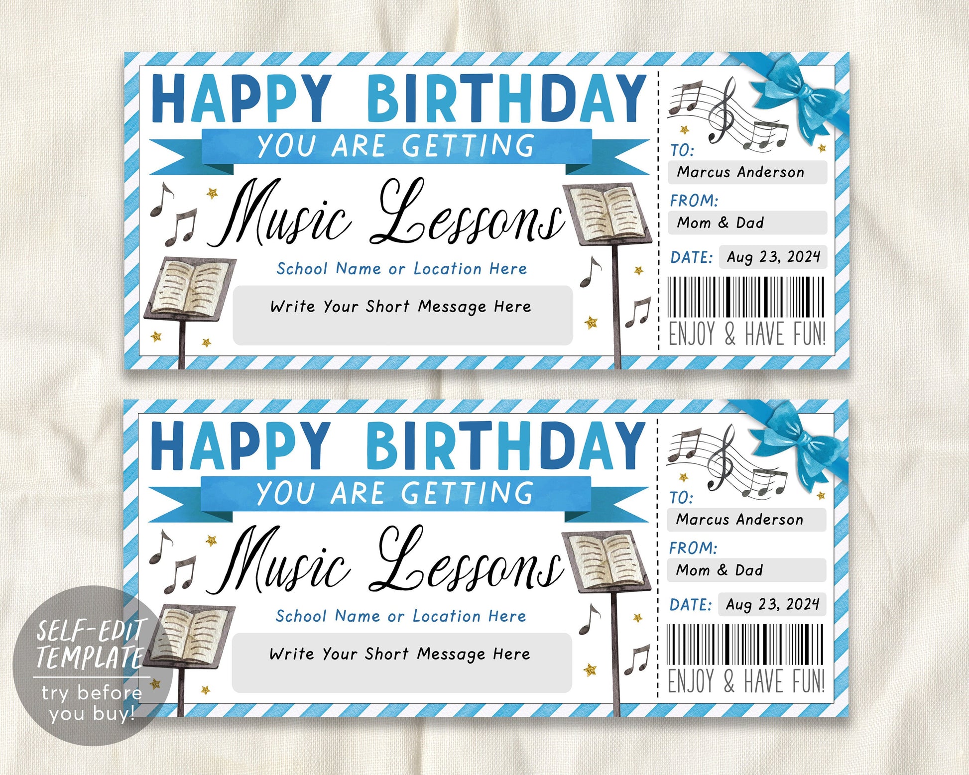 Birthday Music Lessons Gift Certificate Editable Template
