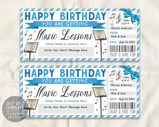 Birthday Music Lessons Gift Certificate Editable Template
