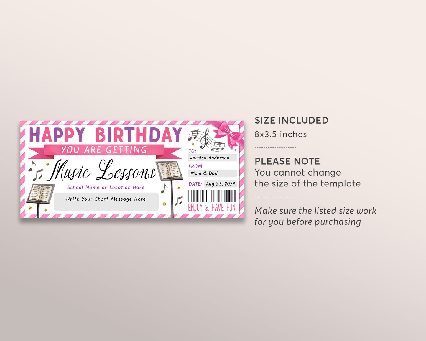 Music Lessons Gift Certificate Editable Template, Birthday Surprise Guitar Drums Piano Singing Violin Gift Voucher Coupon For Her Printable