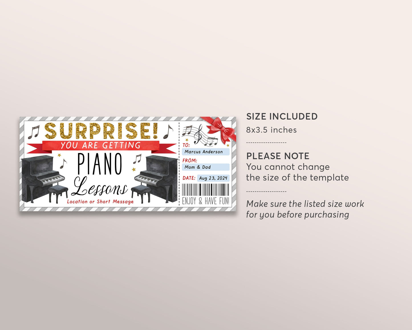 Piano Lessons Gift Certificate Editable Template, Surprise Keyboard Music Piano Class Gift Voucher Holiday Gift Reveal Coupon, Any Occasion