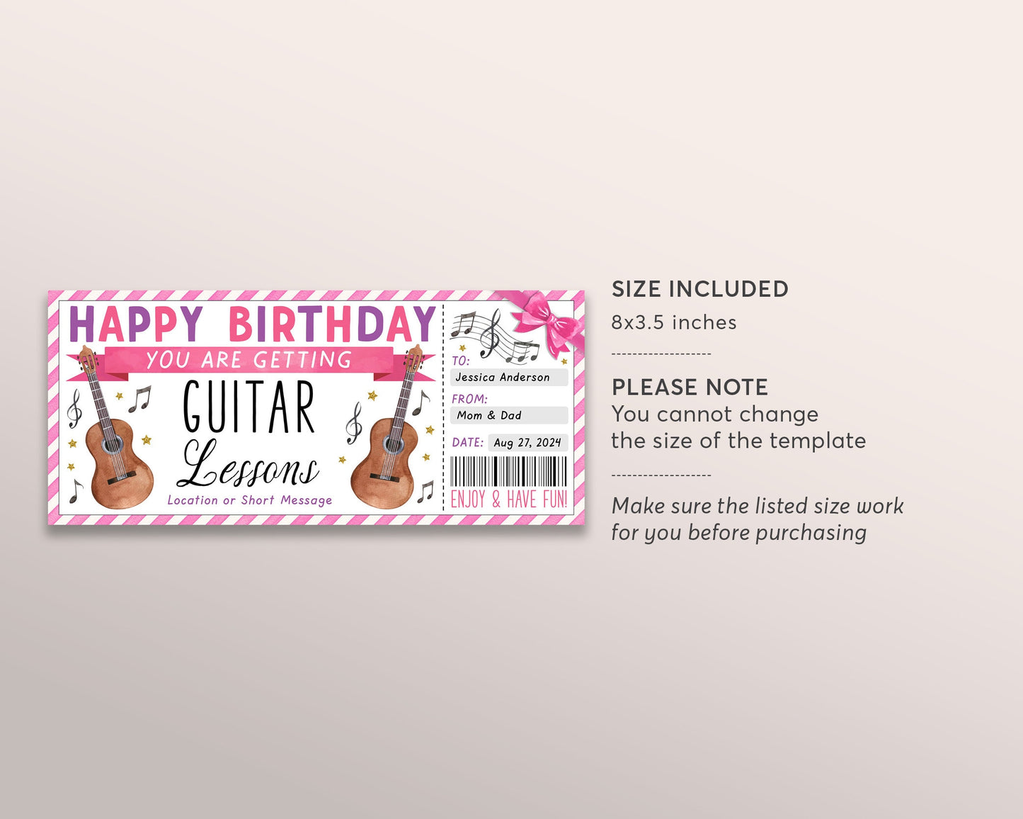 Guitar Lessons Gift Certificate Editable Template, Birthday Surprise Music Guitar Class Voucher Gift Reveal For Her, Learn to Play Coupon