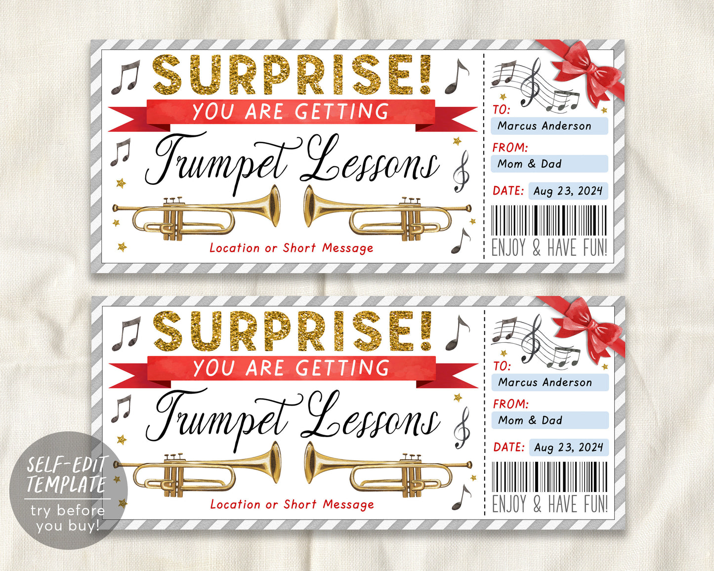 Trumpet Lessons Gift Certificate Editable Template