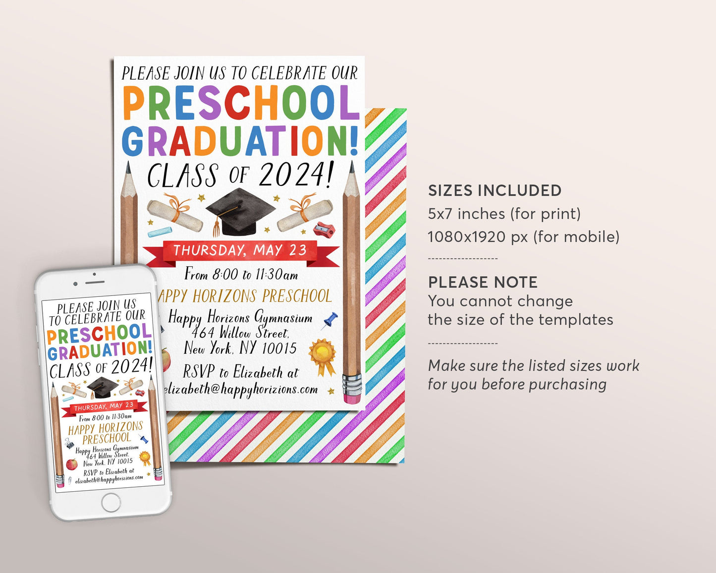 Preschool Graduation Invitation Editable Template, Pre-K Kindergarten Class Graduation Announcement, Watercolor Graduation Ceremony Invite