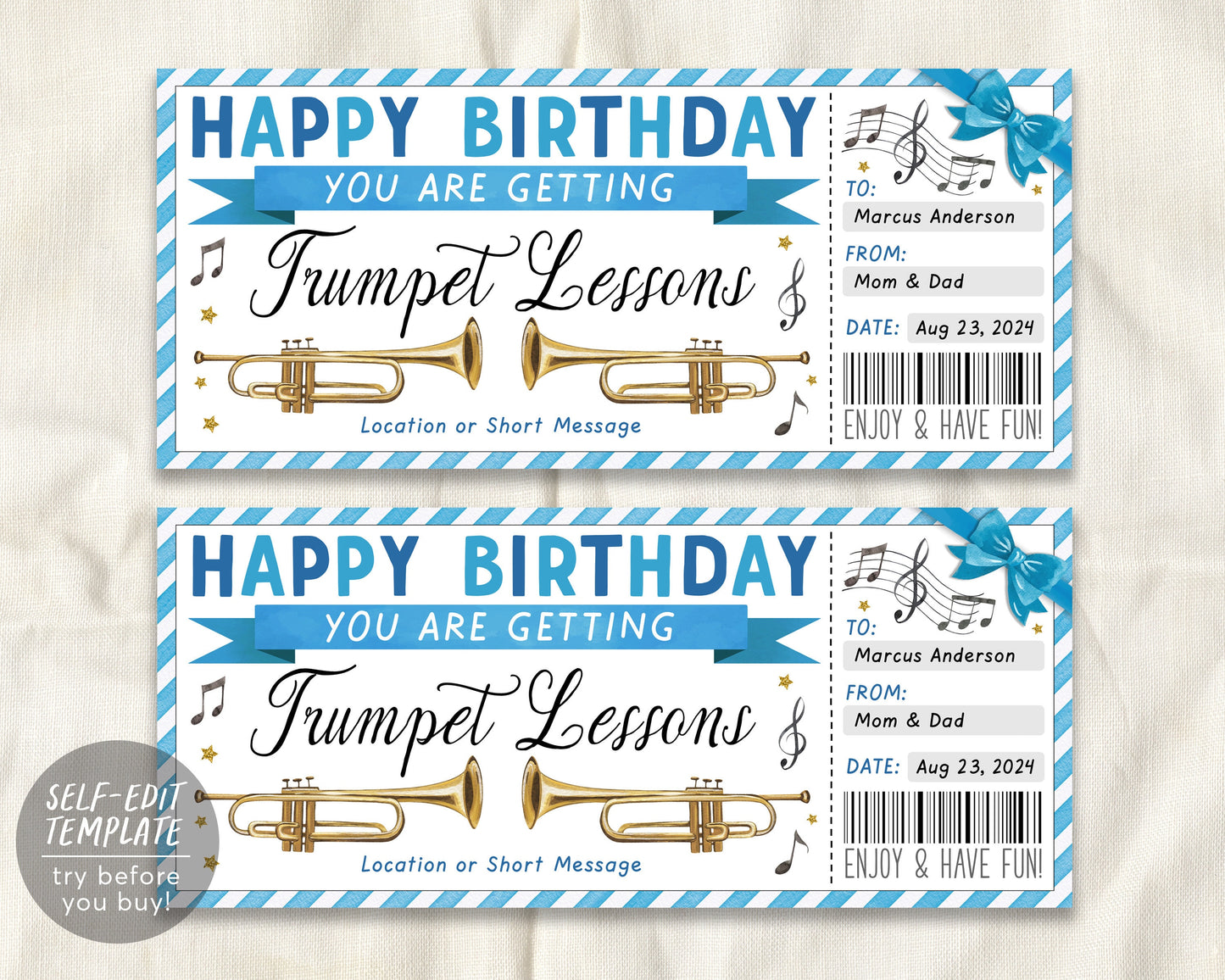 Trumpet Lessons Gift Certificate Editable Template