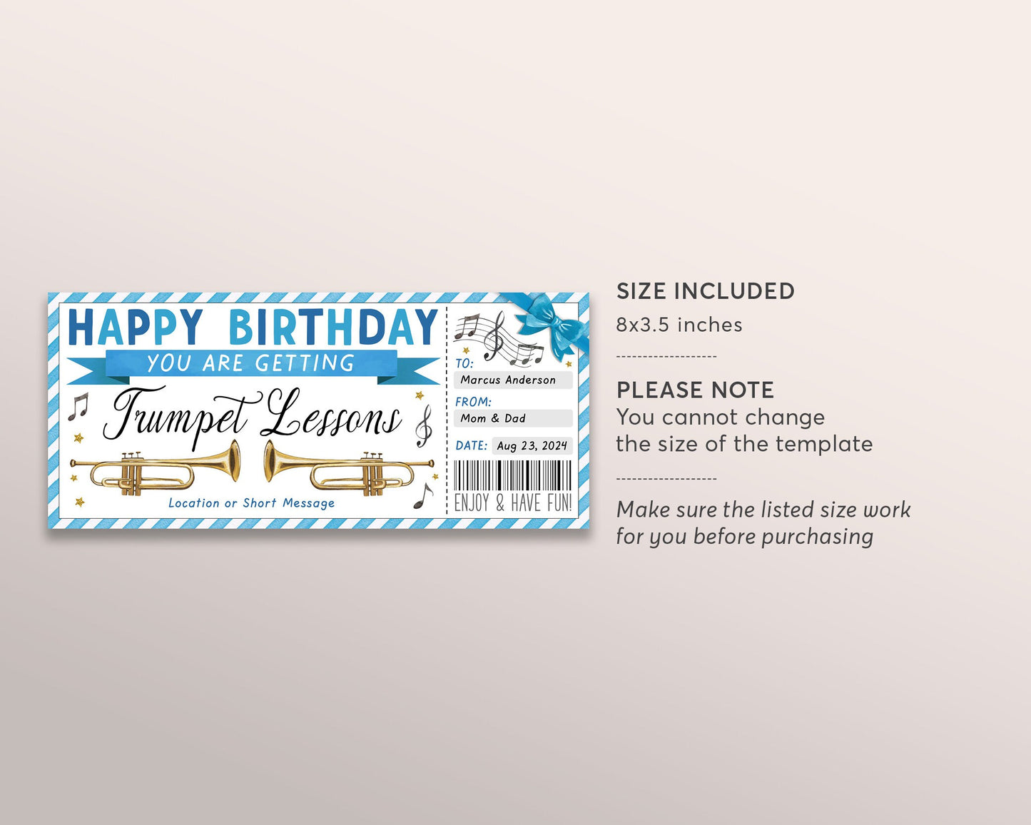 Trumpet Lessons Gift Certificate Editable Template, Birthday Surprise Trumpet Lessons Music Class Experience Voucher Holiday Reveal Coupon