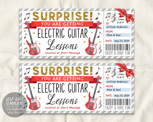 Electric Guitar Lessons Gift Certificate Editable Template